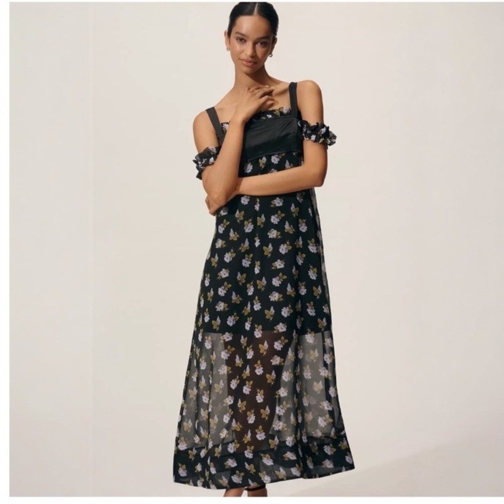 Maeve Anthropologie Square-Neck Sheer Floral Midi Dress Size XXS